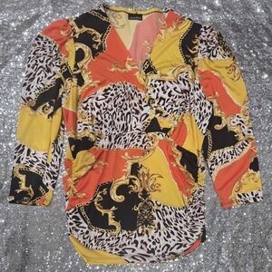 Zenobia Women's Red and Yellow Baroque Print Blouse